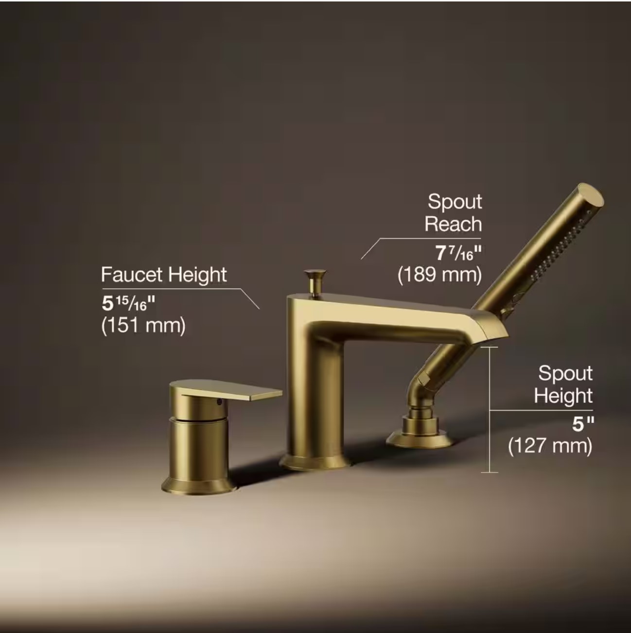 Hint Single-Handle Deck-Mount Roman Tub Faucet with Handshower in Vibrant Brushed Moderne Brass